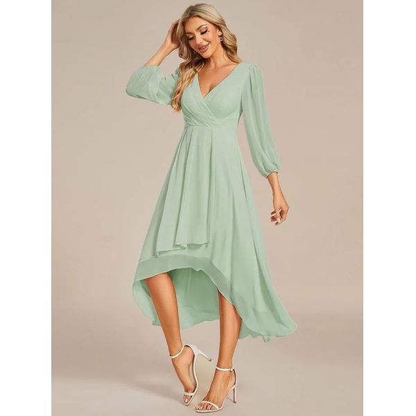 Elegant Empire Long Sleeve V-neck High Low A-line Ruffled Midi Burnt Orange Chiffon Wedding Guest Cocktail Dress