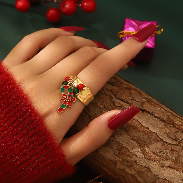 Fashion Popular Stainless Steel Enamel Christmas Tree Stocking Reindeer Snowflake Jewelry Rings 18k Gold Plated Adjustable Ring