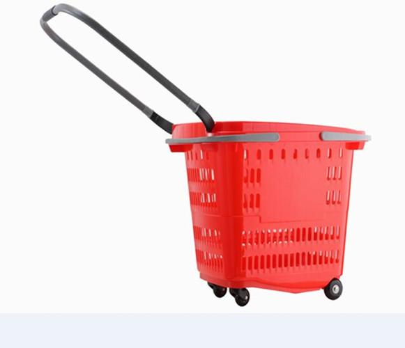 Plastic Red Shopping Basket With Wheels Trolley Grocery Store Carts 50L