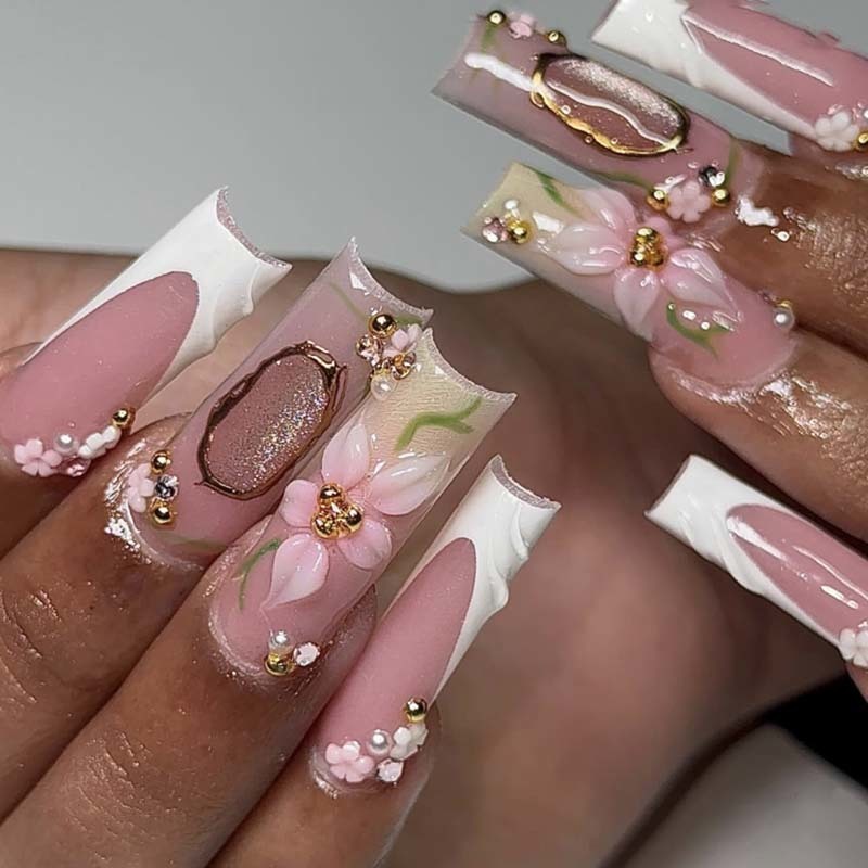 Luxury Press On Nails With Gems FDA Coffin Rhinestone Nails Pink
