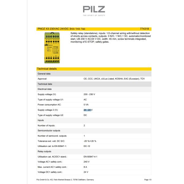 Pilz PNOZ X3 Emergency Stop Safety Relay With 24V Dc Supply Voltage 230V Ac Dual-Channel 3 Safety Contacts