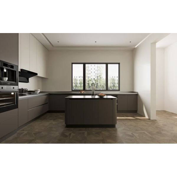 Fadior L Shaped Curved Island Kitchen In Chestnut Brown And Beige With Black Quartz And Stainless Steel Countertops