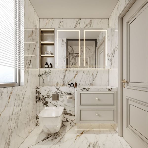French White Stainless Steel Bathroom Vanity with Marble Top