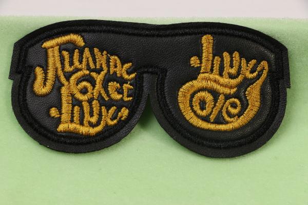 Black Faux Leather Glasses Shape Embroidery Patch With Gold Metallic Threads