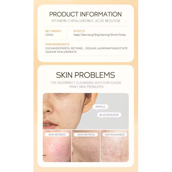 Private Label Vitamin C Liquid Facial Cleanser Hyaluronic Acid Aloe Vera Face Wash Mousse Remover Acid Cleansing Foam Mousse