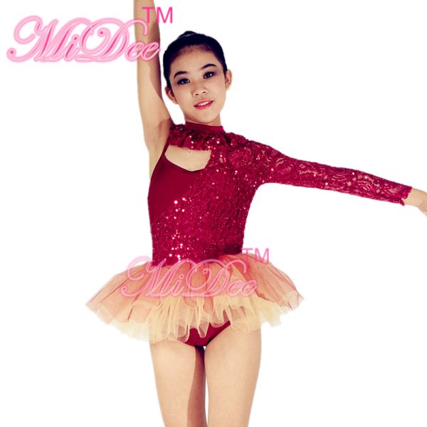 2 In 1 Ballerina Dance Costumes Asymmetrical Oone Sleeve Sequin Dress Two Tones Tulle Skirt Dress