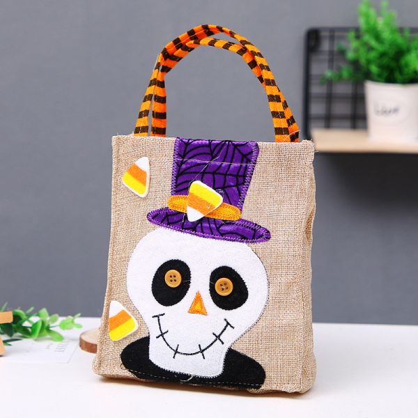 Open Closure Reusable Halloween Pumpkin Witch Skeleton Linen Bag for Candy Collection