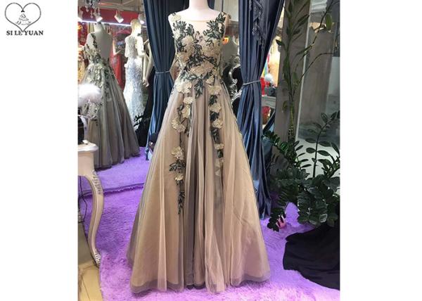 Sleeveless Backless Ball Gown , Champagne Tulle Prom Dress Embroidery Flowers