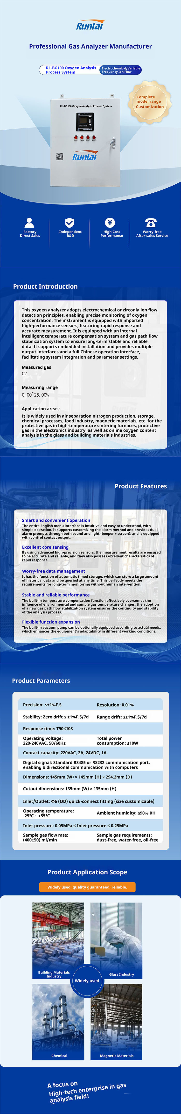 High Accuracy O2 Gas Analysis System Metal Oxygen Gas Analyzer RS485 RS232 Communication