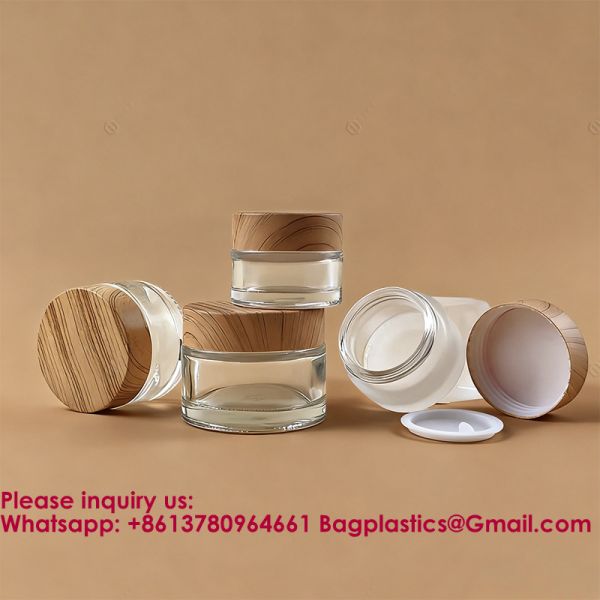 Glass Jars With Lids Clear Small Jars With Plastic Woodgrain Lids, White Labels And Inner Liners Empty Round Cosmetic Containers For Creams Lotions Candle Making (Clear)