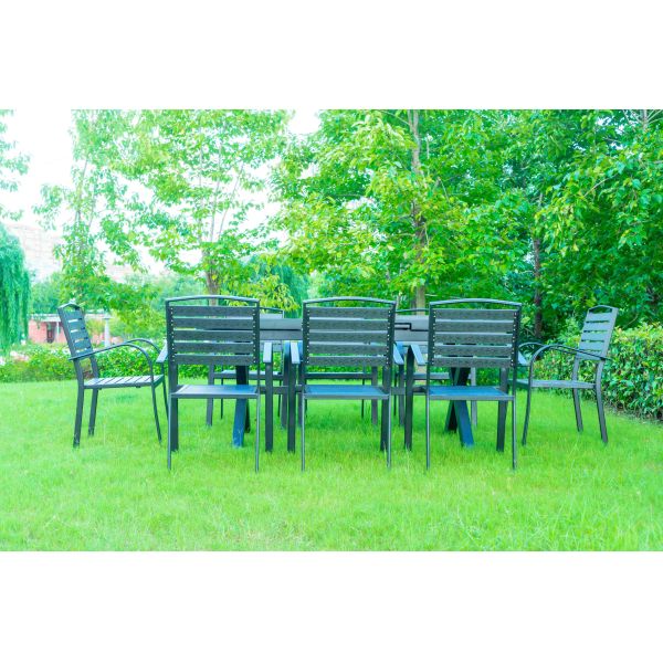 9 Pieces Black Plastic Wood Modern Outdoor Garden Furniture Table Set 8-10 Seater Extendable Patio Dining Table Chairs