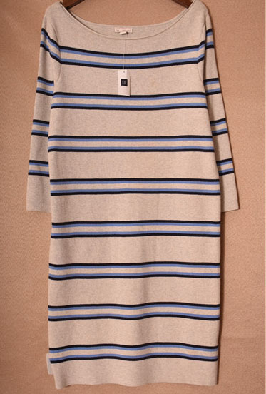 Crew Neck Ladies Dress Clothing Warm Pure Cotton Striped Sweater Dress