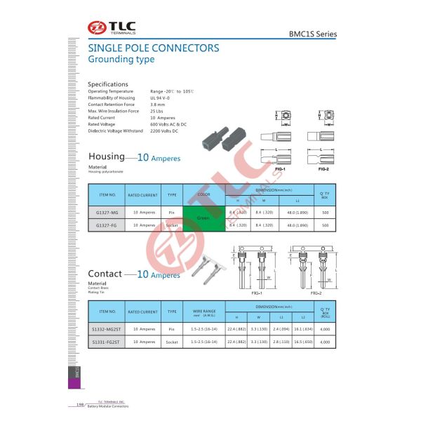 Single Pole Connectors Grounding Type BMC1s Series Housing 10 Ampers