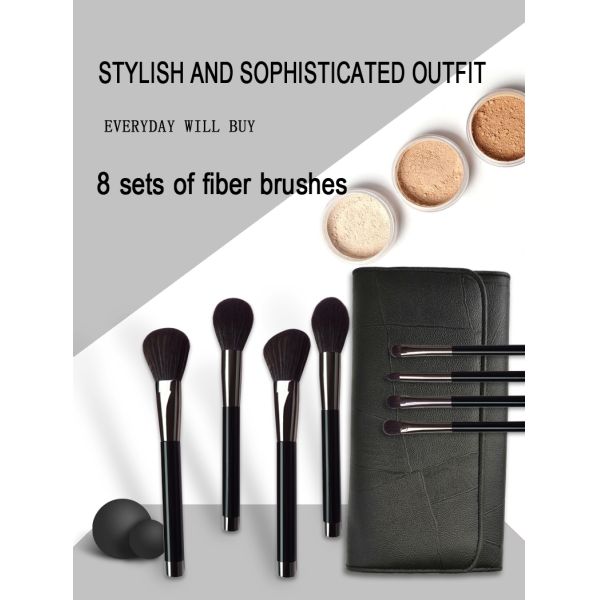 Vegan Face Eye Beauty Makeup Brush Set 8pcs Shiny Black Plastic Handle