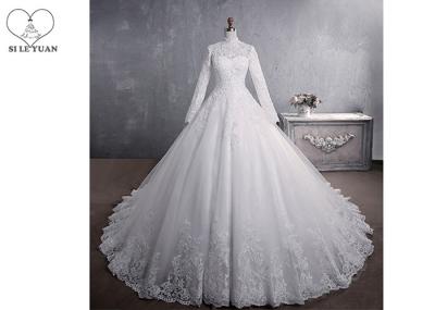 Pure White High Collar Beading Long Tail Bridal Gown / Long Sleeve Bridal Dresses