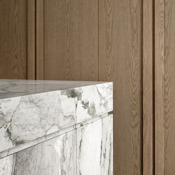 Villa de madera de roble blanco veneer cocina de mármol encimera marco línea panel de la puerta conjunto completo de gabinete de cocina