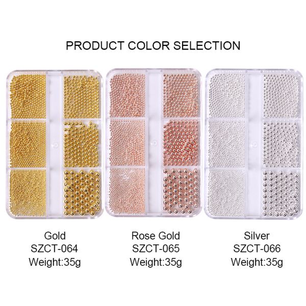 Steel Balls 3D Nail Art Decorations 6 Grid Mixed Metal Round Bead Nail Charms in Bulk