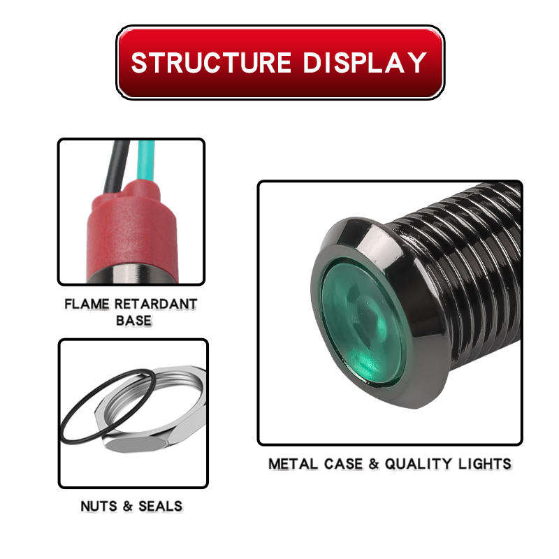 8MM Metal Indicator Light, LED Strip Light With Waterproof Function Oxidized Black Shell, Red Green Yellow Blue White 6V12V24V