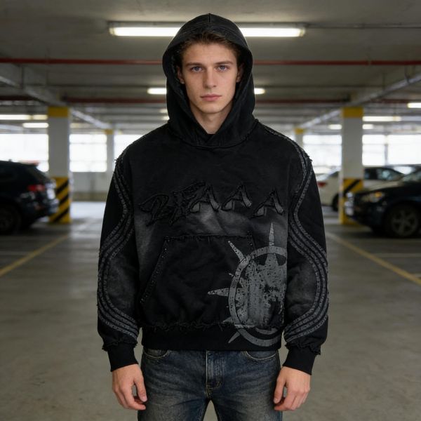 Custom Heavyweight Stripe Applique Patch Rhinestone Y2k Streetwear Oversized Pullover Acid Washed Vintage Sun Faded Hoodie Men