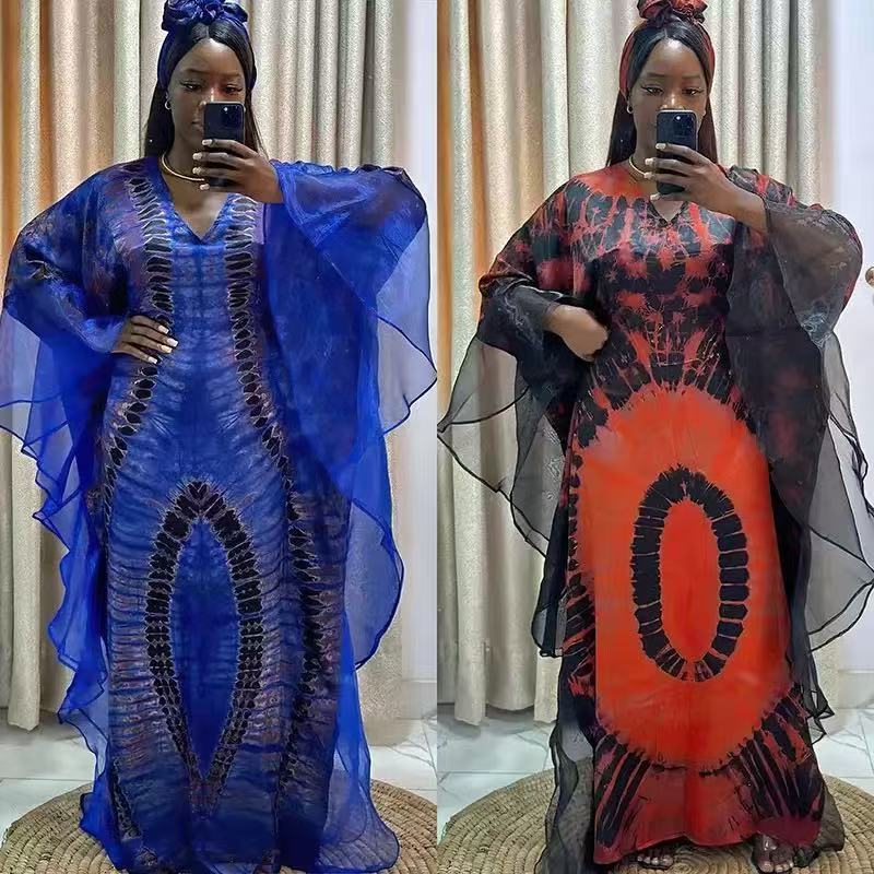 Women’s African Print Chiffon Kaftan Dress with High-Waist Design for Elegant Casual Wear