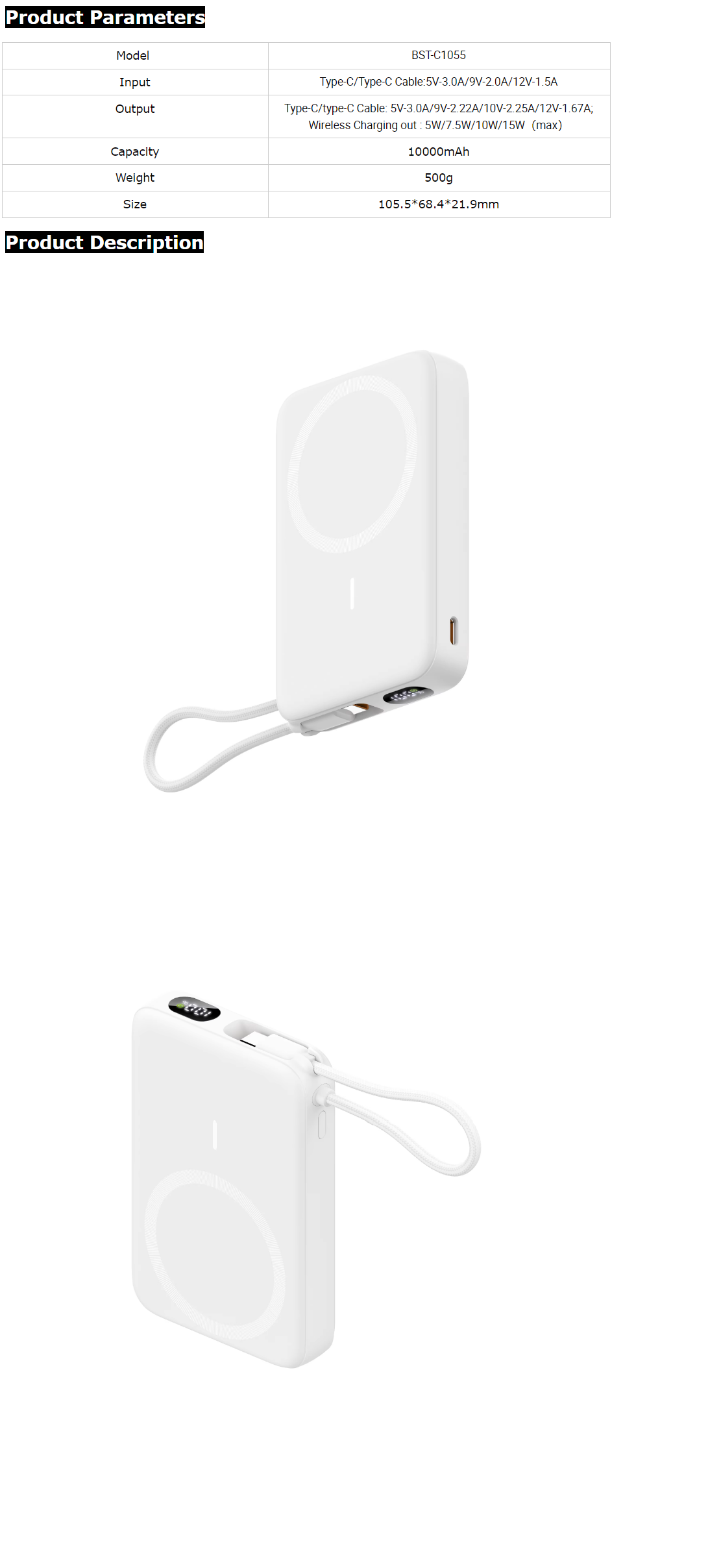 Besiter 2-in-1 High-Capacity 10000mAh Magnetic Wireless Power Bank Type-C 20W Digital Display Cable Holder for Phones