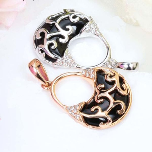 18K Rose Gold Natural Black Agate and Diamonds Pendant Necklace (GDN0020