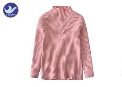High Collar Ribs Girls Light Pink Sweater , Cotton Knit Sweater For Little Girl