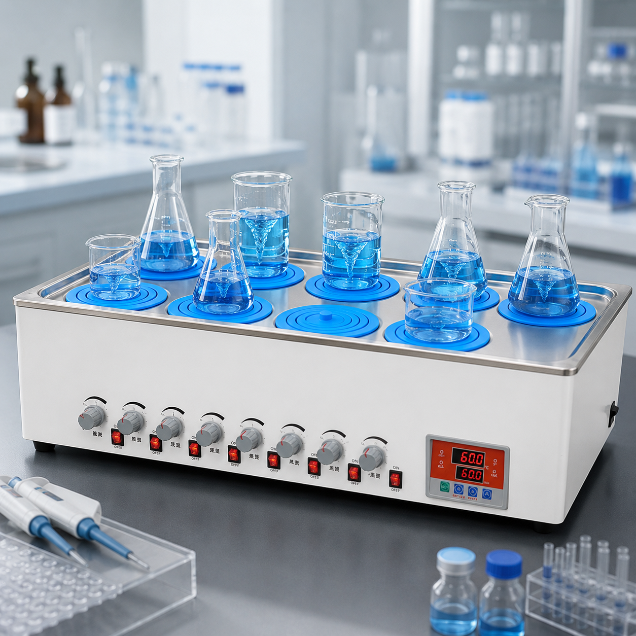Cenlee OEM 8-Position Magnetic Stirring Water Bath 100°C 1500W for Laboratory Sample Mixing Chemical Research