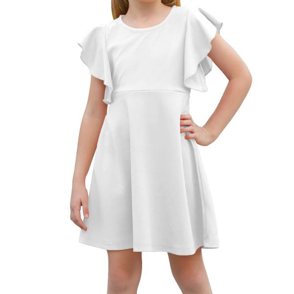 Girl's Flutter Sleeve Stretchy A-Line Swing Flared Skater Party Dress with Pockets for 4-12 Years Kids Skirt Dresses