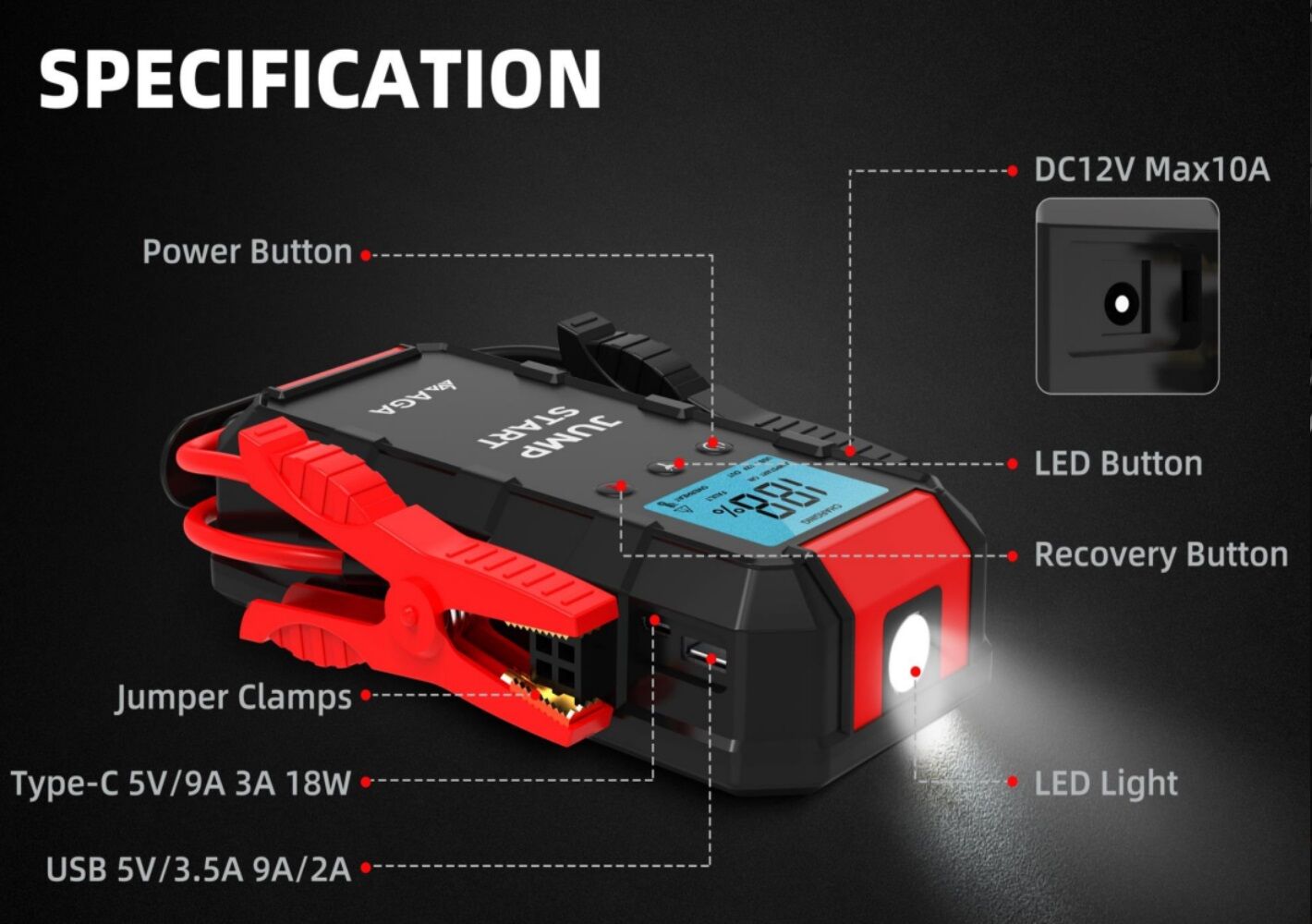 AJ08B Автоматический стартер для прыжков многофункциональный 55,5Wh 1200mAh Пик тока Стартер для прыжков