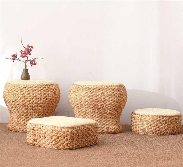Natural Straw Household Storage Stool Grass Woven Ottoman Box Eco-Friendly Hand-Woven Grass Rattan Stools Seat Pad