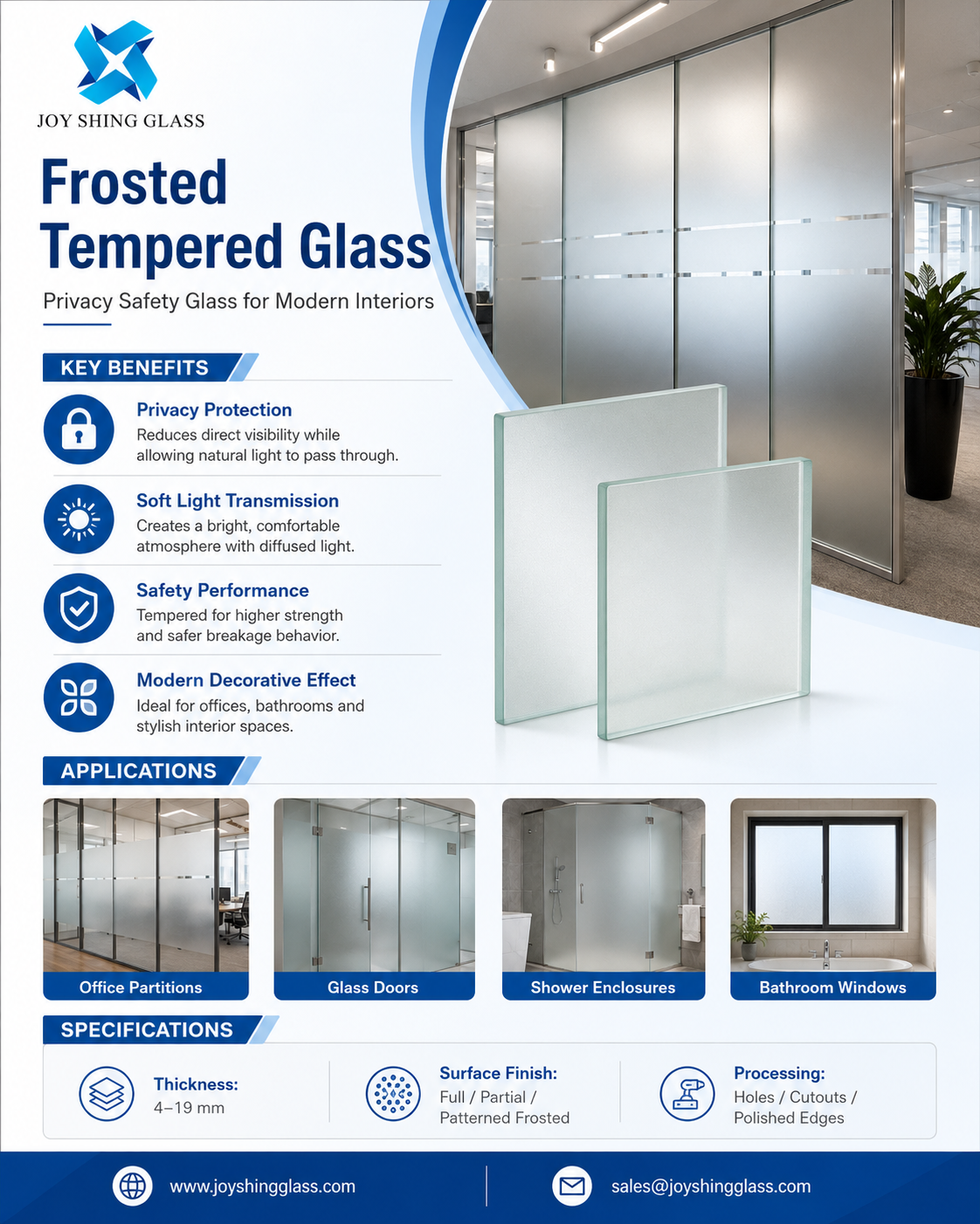 Custom Frosted Tempered Glass for Privacy Doors, Partitions, Windows and Interiors