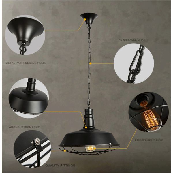 E27 cru de noir de la base D26cm lumière pendante en métal moderne de fil de 39 pouces