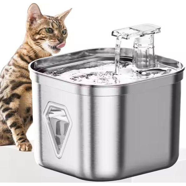 2.5L Stainless Steel Automatic Pet Water Fountain Portable Pet Dispenser Water Level Window Charge Power Source for Cats Dogs