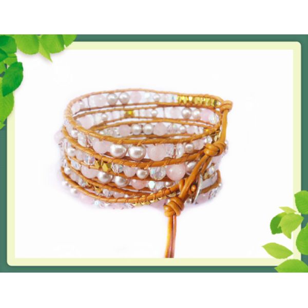 Pink Stone Beads, Pear Beads, Leather Semi Gemstone leather Wrap Bracelets / Bangles 82cm