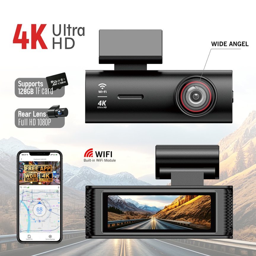 Rear 1080P Front 4K Dual Lens Dash Cam WIFI GPS Intelligent Parking Mode