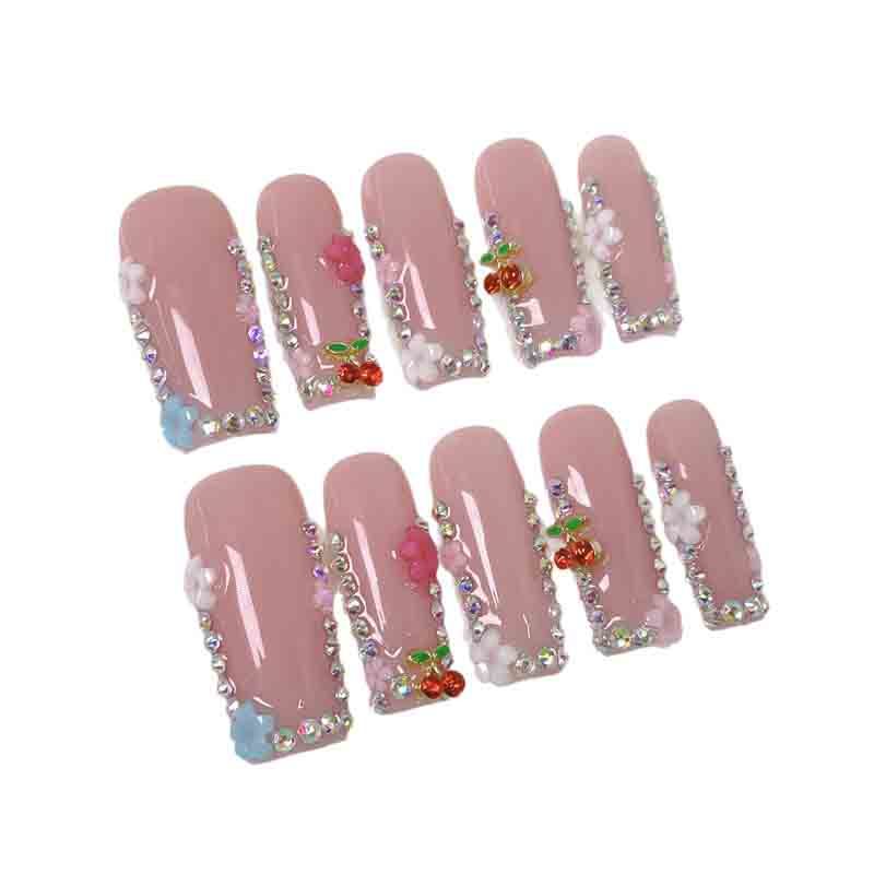 Handmade Press On Nails Wholesale 3D Cherry Floral Pink Rhinestone Edge