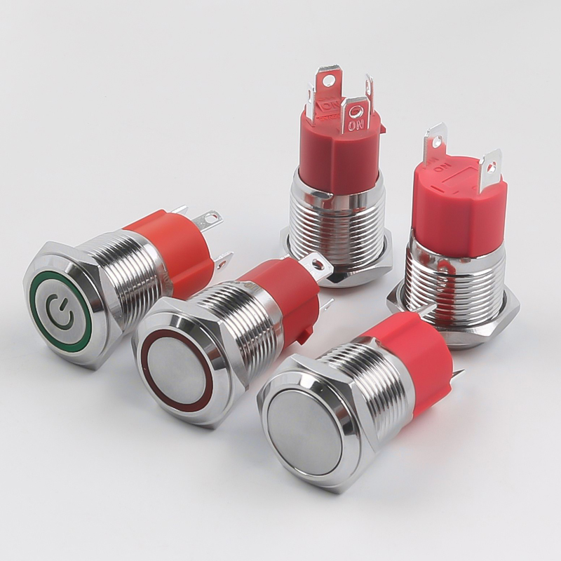 10A 16MM Stainless Steel Push Button Switch with LED Power Indicator Latching Momentary 1NO 4pin Flat/High Head IP65 for 220V
