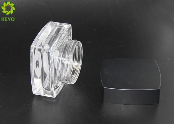 Clear Glass Cosmetic Cream Storage Jars Square Shape With Black Plastic Cap