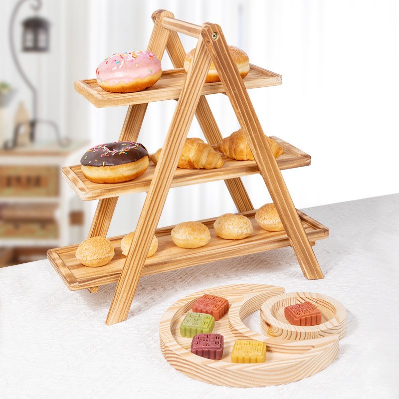 Solid Wood Three-layer Rectangular Tray Shelving Wooden Detachable Fruit Cake Dessert Tray