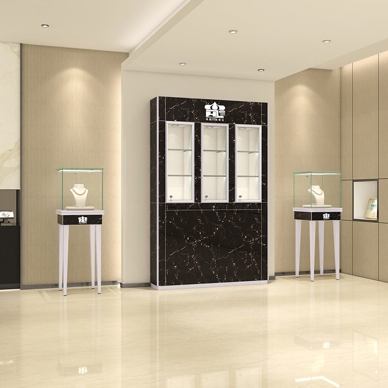 Modern Wall Mount Jewelry Showcase Metal Glass Wood Commercial Display Furniture