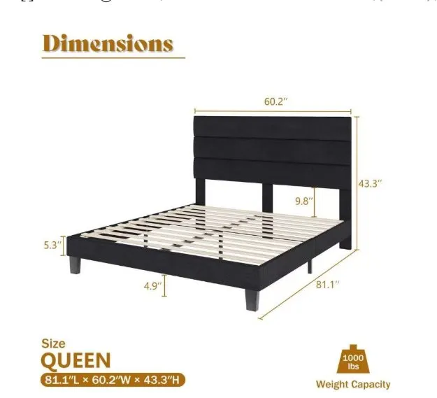 Minimalist Black Fabric Upholstered Bed with Layered Headboard