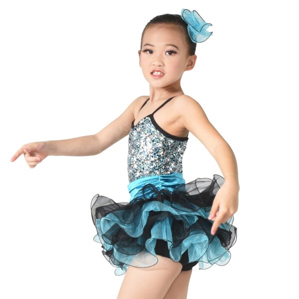 MiDee Costume Sequin Top Multi Colors Tires Tutus with Ruffled Hem Wide Waistbands Dance Competitions Dress for Girls.