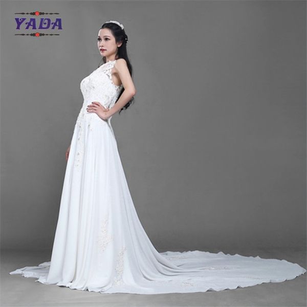 New fashionable beaded embroidery sleeveless lace princess a line sexy wedding dress with long train