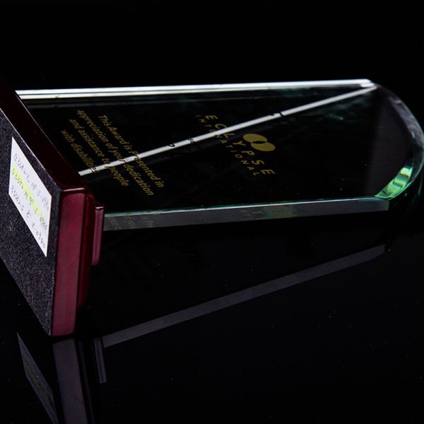Customized shape laser engraving logo foil gold silver wooden base trophy