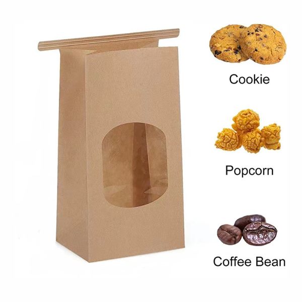 Bakery Bags with Window Brown Tin Tie Tab Lock Bags Kraft Paper Bags for Cookies, Coffee