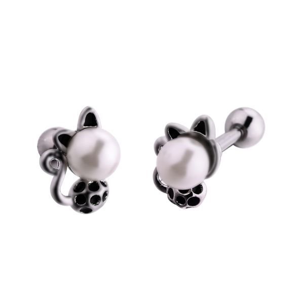 Unique cat shaped pearl stud earrings stainless steel piercing jewelry on hot sale