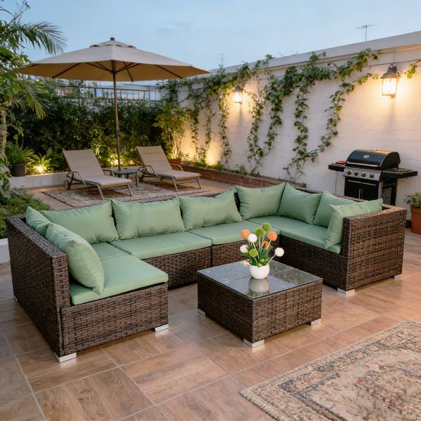7-Pieces Outdoor Sectional Sofa Patio Casual Sofa Garden Corner Functional Rattan Wicker Sofa Set