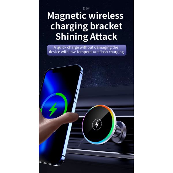 15W Magnetic Car Holder with Magnetic Wireless Charging Silver/Grey Color