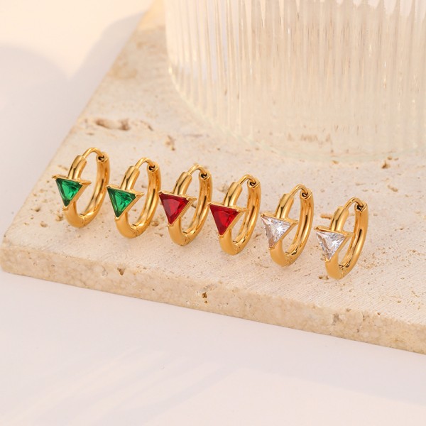 Stainless Steel Triangular Red and Green Transparent Zircon PVD 18K Gold Hoop Earrings for Women Jewelry Earrings